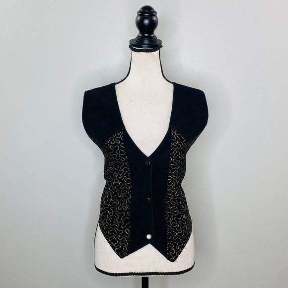 Vintage Gold Embroidered Black Suede Vest Womens Large Maximalist Rodeo Festival - Picture 1 of 12
